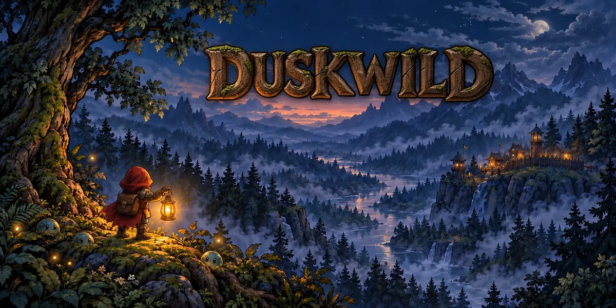 Duskwild: a red-hooded lantern-bearer looks out over a dark forest at dusk